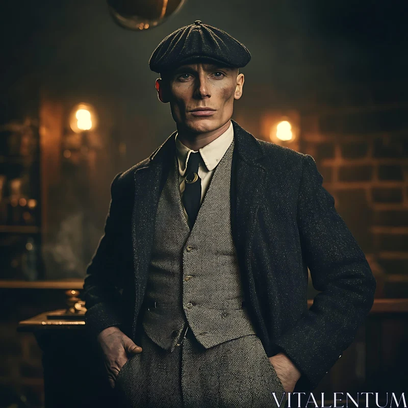 Classic Men's Portrait with Flat Cap and Suit AI Image