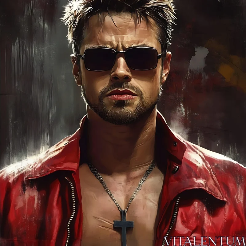 Rugged Man with Dark Sunglasses and Red Jacket AI Image