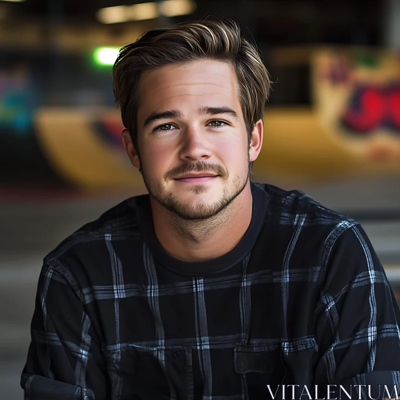 Relaxed Young Man with Plaid Shirt in Skate Park AI Image