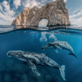 Whales Underneath Azure Waves and Rock