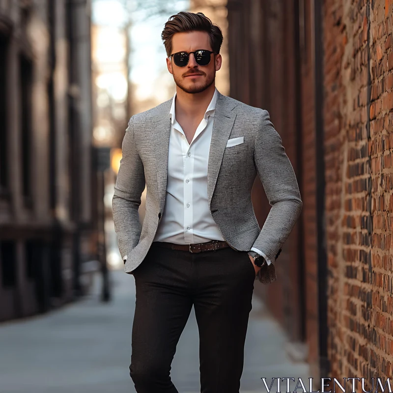 Stylish Man in Grey Blazer and Sunglasses AI Image