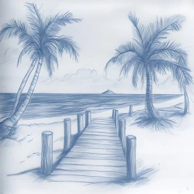 Pencil Drawing of a Seaside Boardwalk with Palm Trees