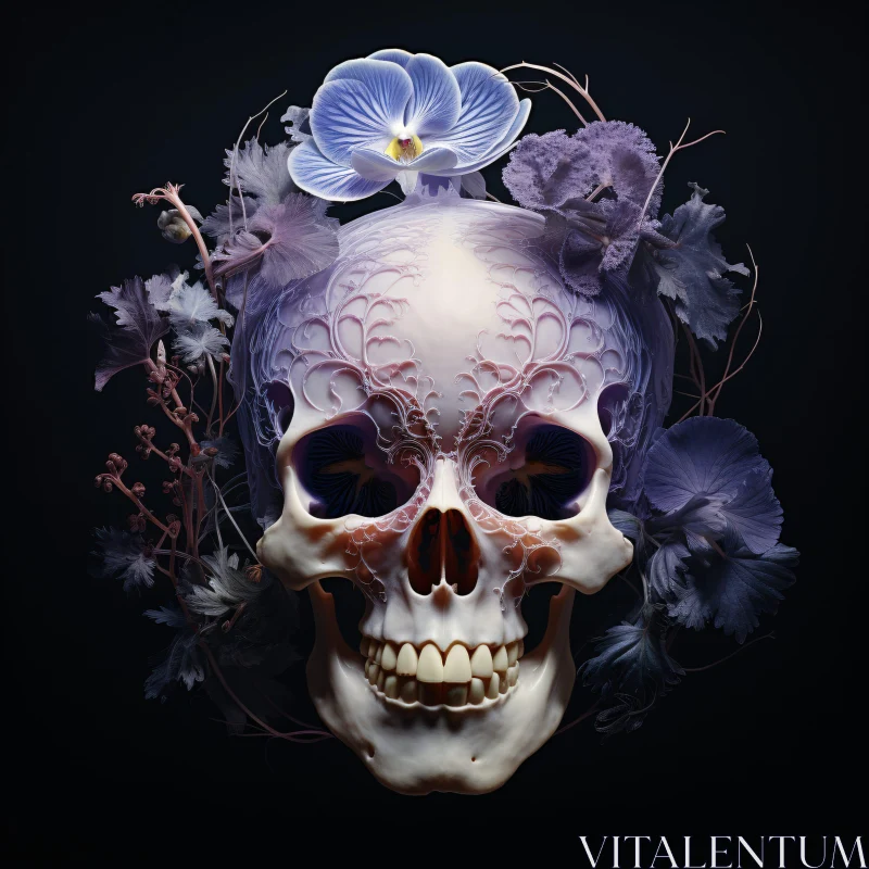 Orchid Adorned Skull in Surreal Artwork