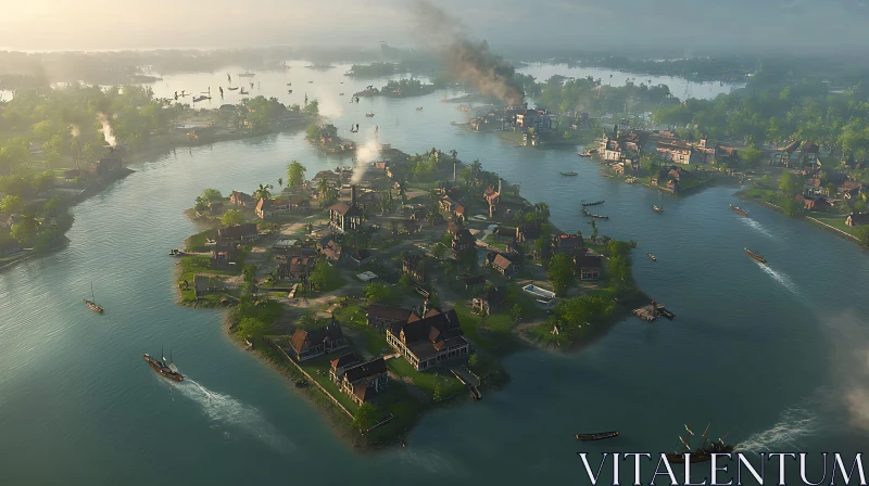 Rustic Island Village with Scenic Water Channels and Boats