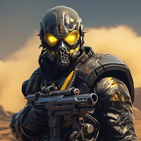 Tech-Enhanced Warrior in Arid Landscape