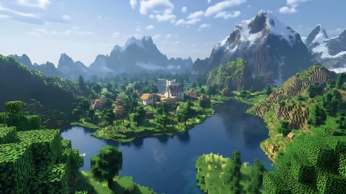 Pixelated Village in a Mountainous Landscape