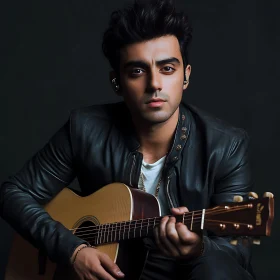 Intense Musician with Acoustic Guitar