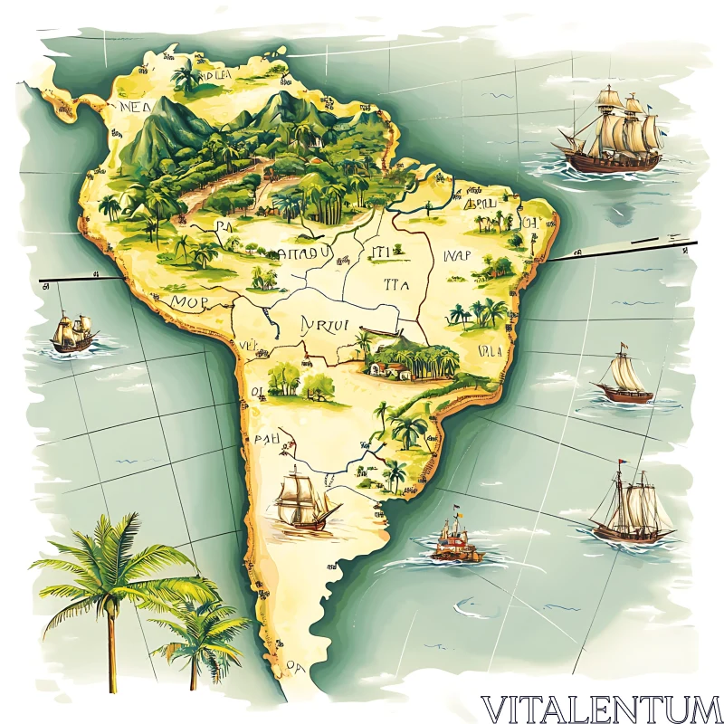 Historic Cartographic Illustration of South American Continent