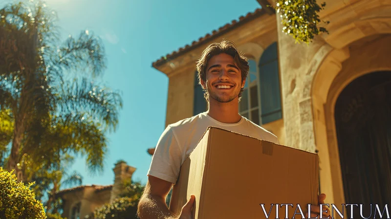 Happy Man with Moving Box in Front of House