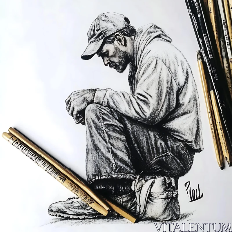 Monochrome Pencil Drawing of a Sitting Man