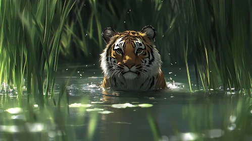 Tiger in Water Surrounded by Greenery