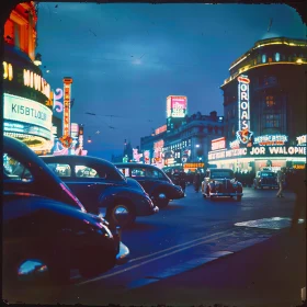 Urban Nightlife with Neon Signs and Classic Cars