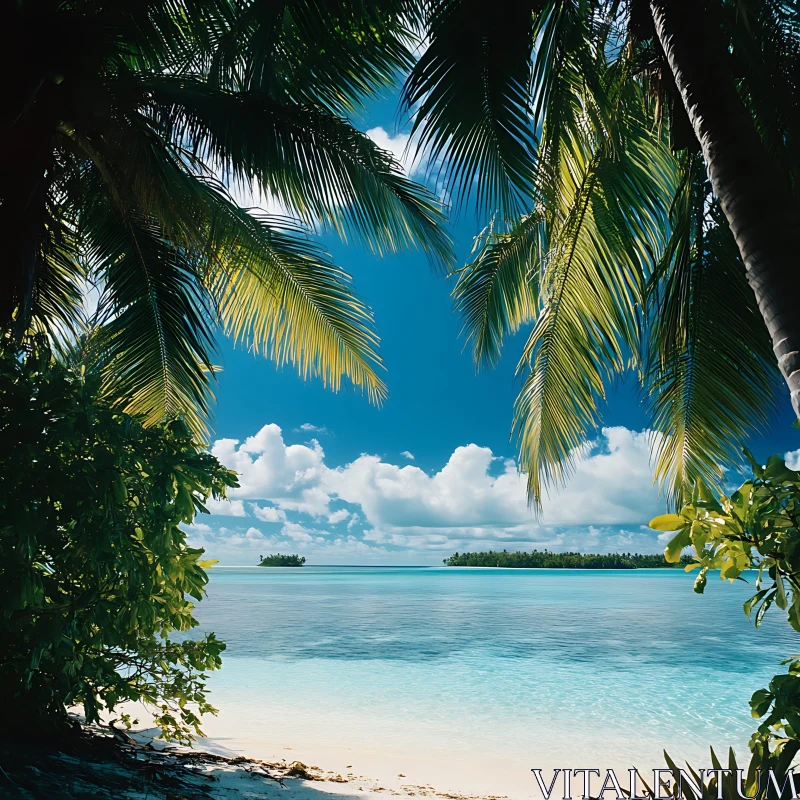 Tropical Paradise Beach with Palm Trees and Clear Blue Sea AI Image