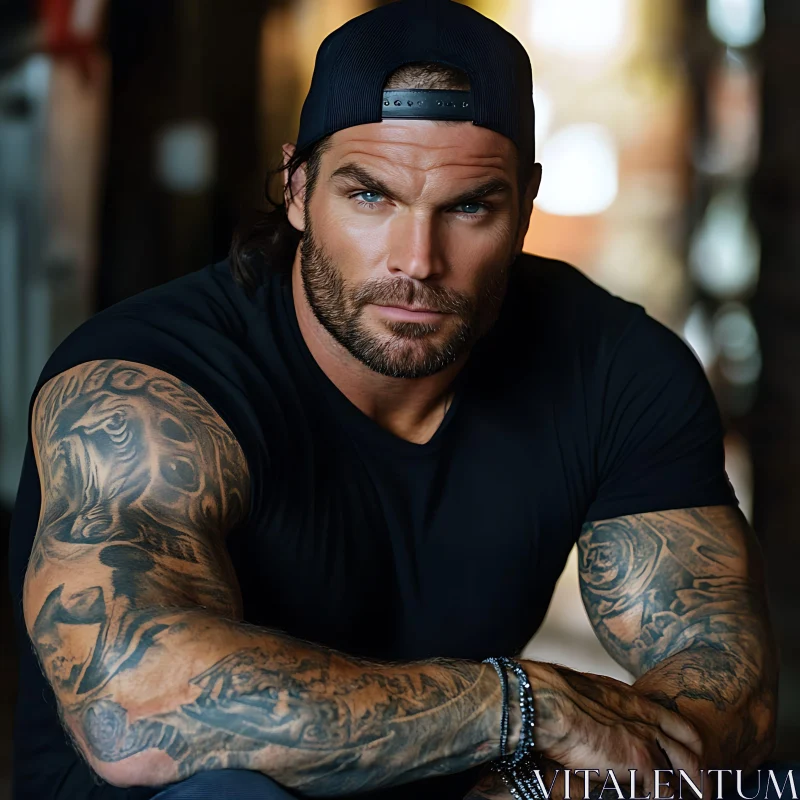 Confident Tattooed Man in Black Attire AI Image