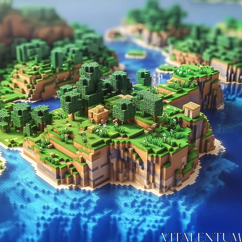 Blocky Nature Island in Pixel Art Style AI Image