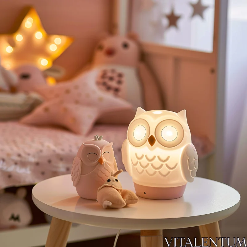 AI ART Cute Owl Lamp in Cozy Bedroom Setting