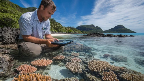 Researcher Studying Coral Reefs with Tablet