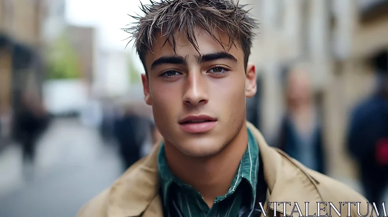 Close-Up Portrait of a Young Man in Cityscape AI Image