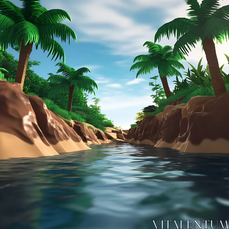 Peaceful River Landscape in Tropical Setting AI Image