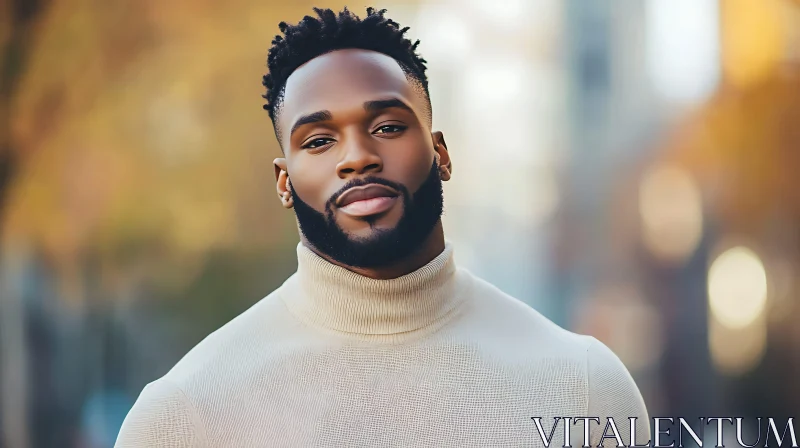 Elegant Man in Beige Turtleneck with Urban Autumn Background AI Image