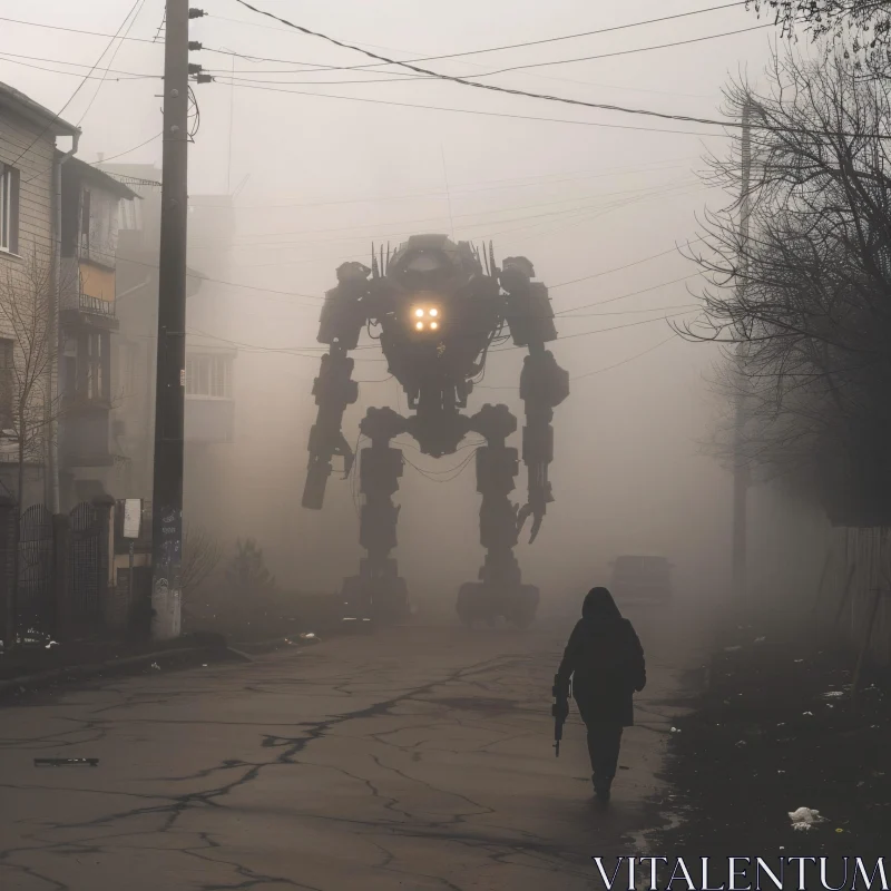 Fog-Shrouded Robot Dominating Street Scene AI Image