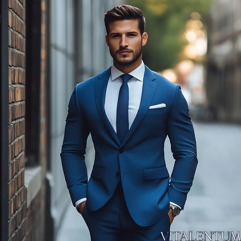 Stylish Man in Blue Suit Against Urban Backdrop AI Image