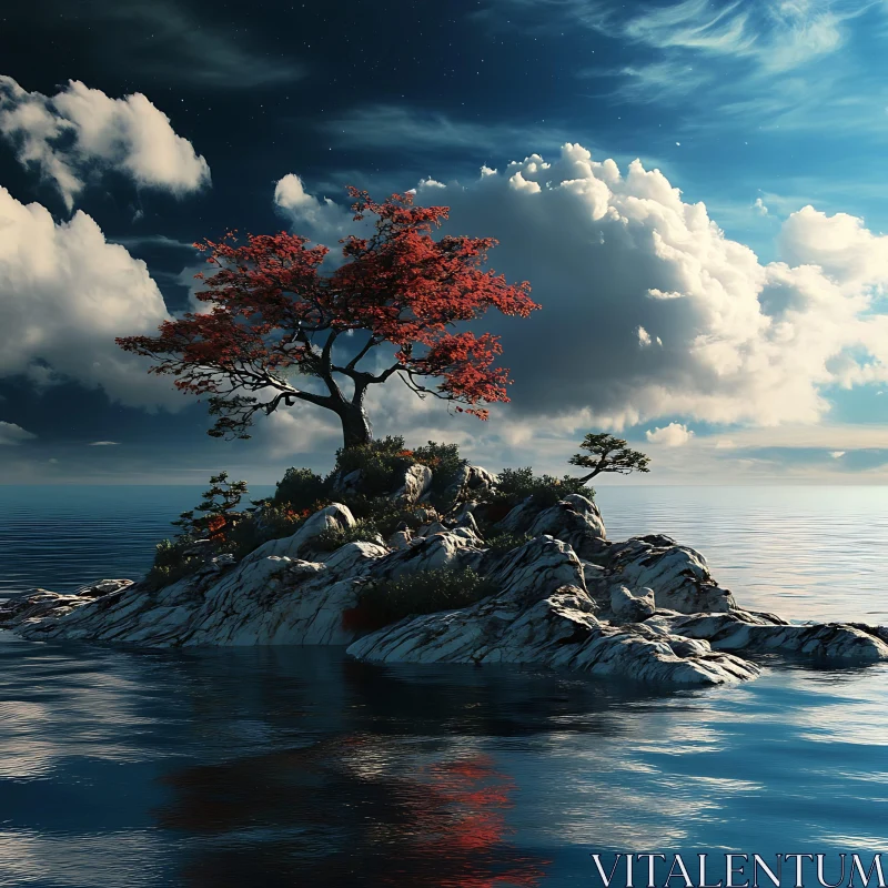 Solitary Tree Amidst Scenic Ocean and Sky AI Image