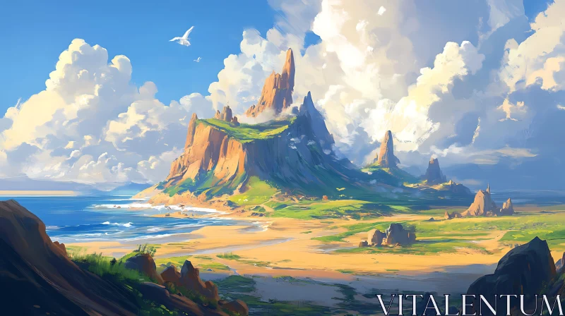 Majestic Coastal Scenery with Towering Mountains AI Image