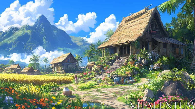 Scenic Village and Mountain Landscape AI Image