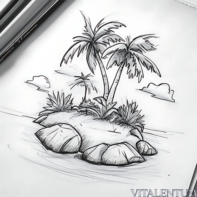 AI ART Palm Trees on a Rocky Island Drawing