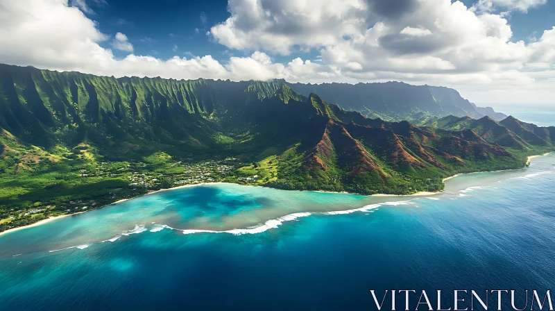 Aerial Shot of a Beautiful Tropical Island with Green Mountains AI Image