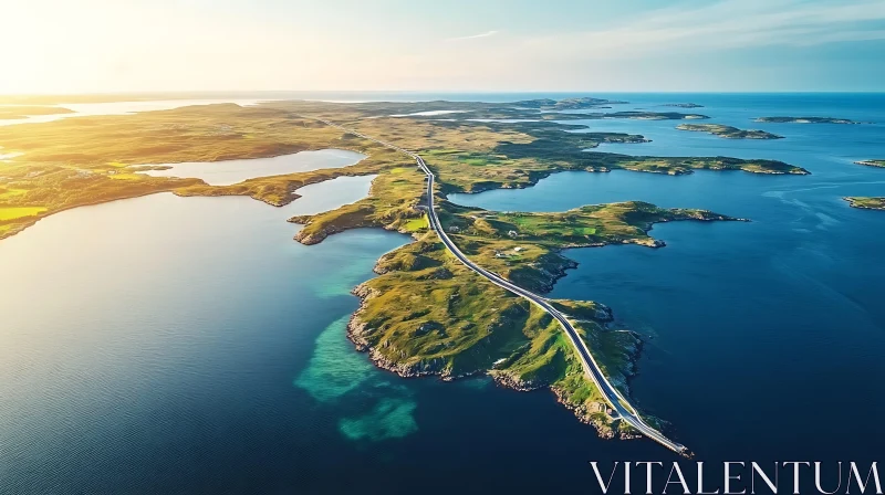 Aerial Island Landscape with Coastline and Road AI Image