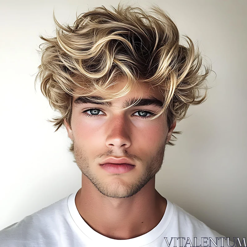 Striking Blonde Curly-Haired Youth in a White Shirt AI Image