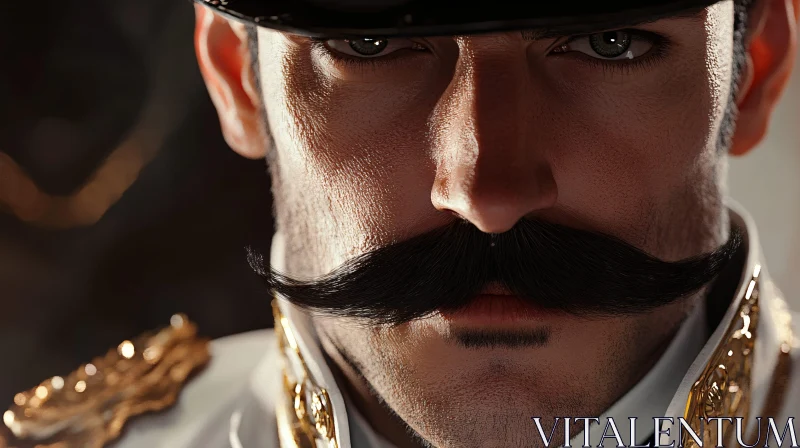 Military Man Close-Up with Mustache and Hat AI Image