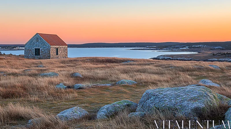 Secluded Stone Cottage in Open Meadow AI Image