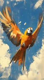 Orange Parrot Soaring Through Clouds