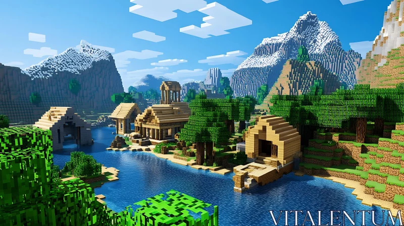 Pixel Art Scenery of a Quaint Village by a River AI Image