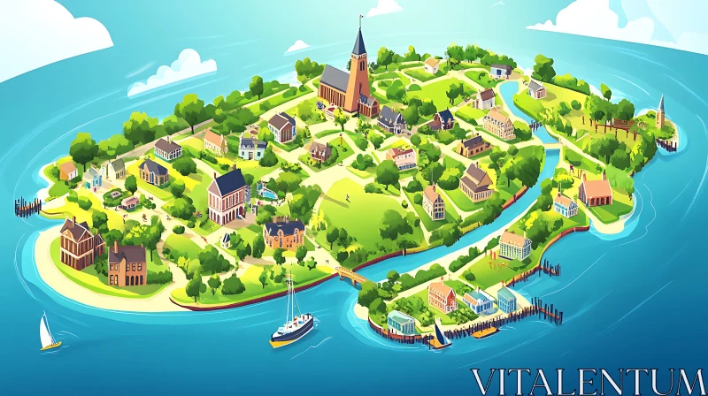 AI ART Serene Island with Quaint Village