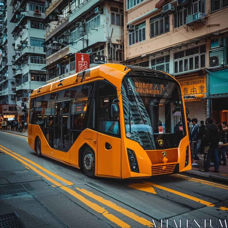 Contemporary Orange Bus in Busy Cityscape AI Image