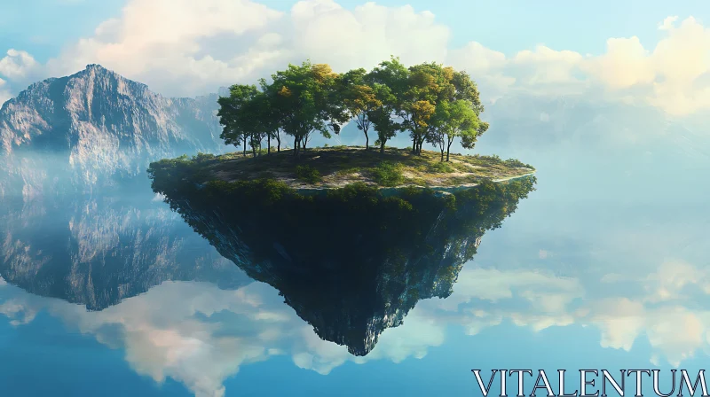 AI ART Mystical Floating Island with Trees and Reflective Waterscape