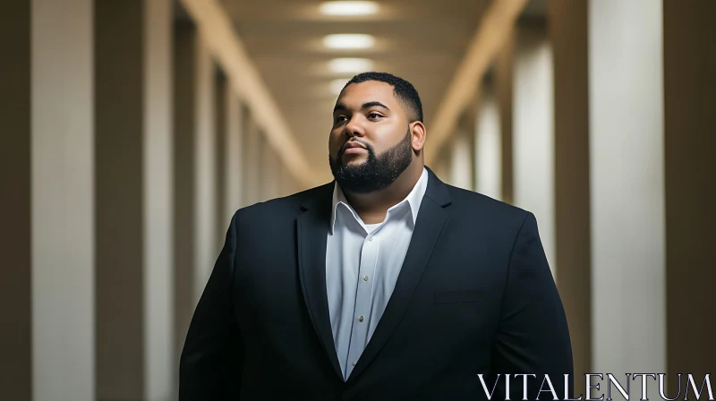 Portrait of a Man in a Black Suit in an Architectural Corridor AI Image