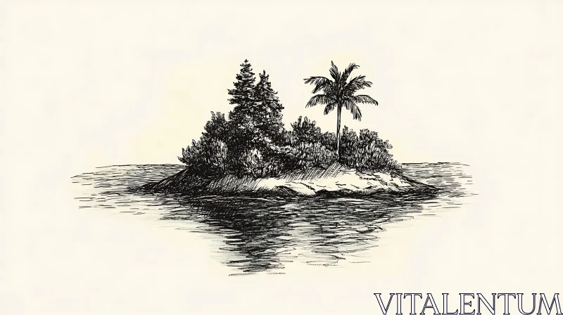 Detailed Island Sketch with Trees and Calm Waters AI Image