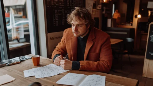 Thoughtful Man Writing in Cafe