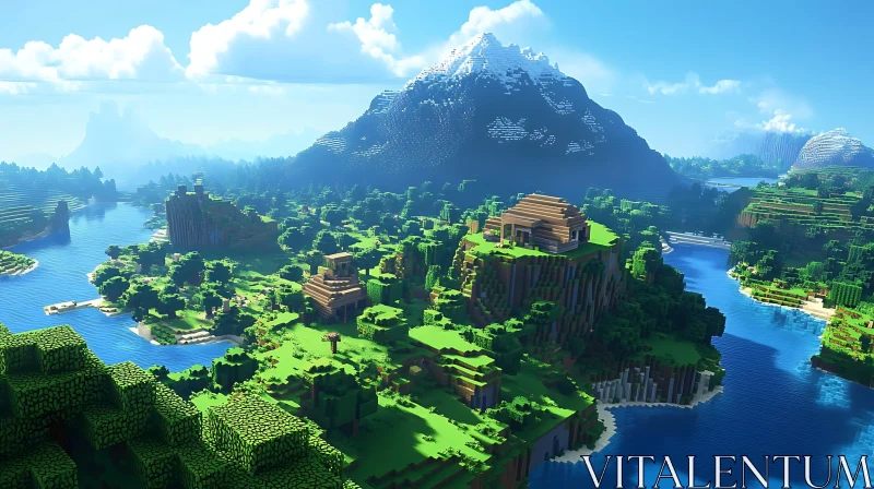 Blocky Landscape with Mountains and Villages AI Image