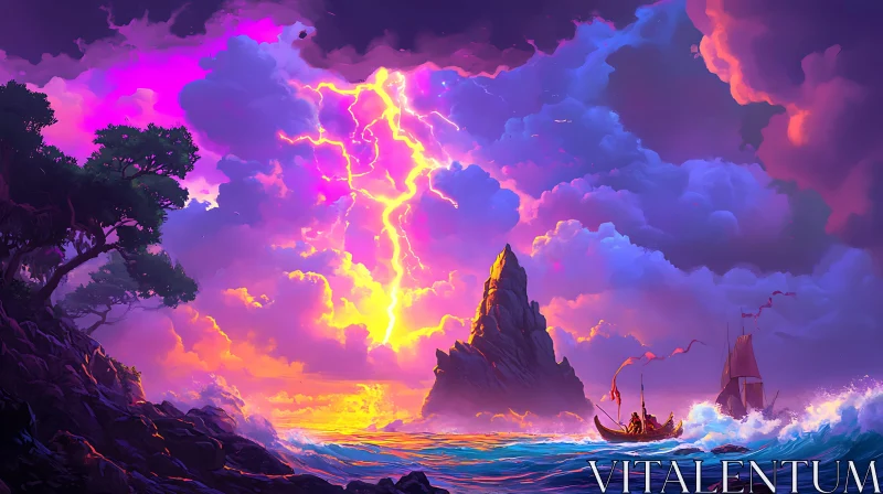 Sunset Storm over Ocean and Rocky Outcrop AI Image