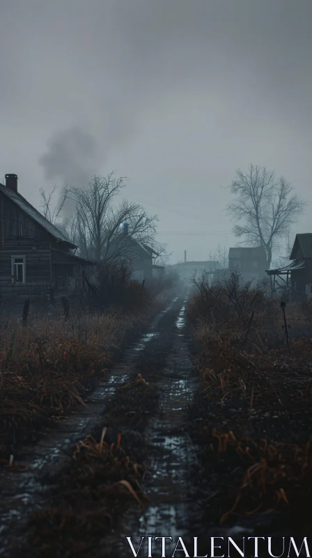 Eerie Abandoned Village in Fog AI Image