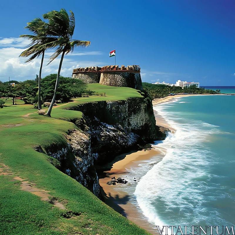 Oceanfront Fortress on Cliff with Scenic Beach AI Image