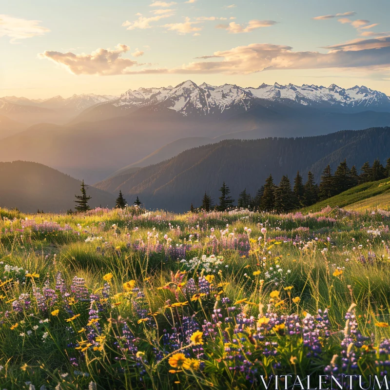 Wildflower Meadow at Sunset with Mountain View AI Image