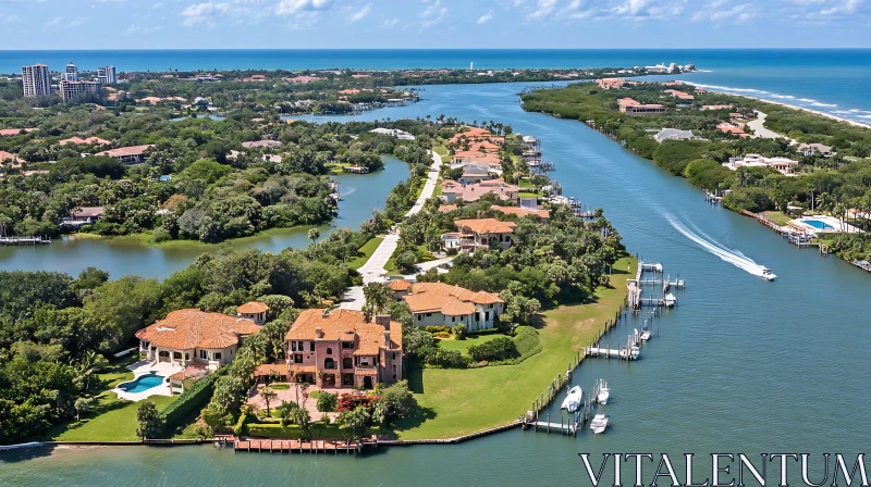 Scenic River with Luxurious Homes and Boats AI Image