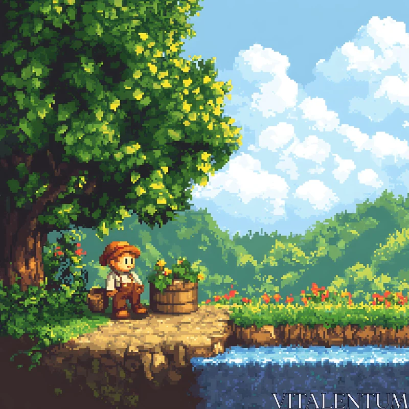 Tranquil Riverside Pixel Art Scene AI Image